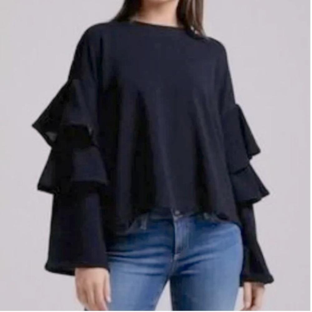 CHLOE & KATIE Ruffle Bell Sleeve Sweatshirt Black Large